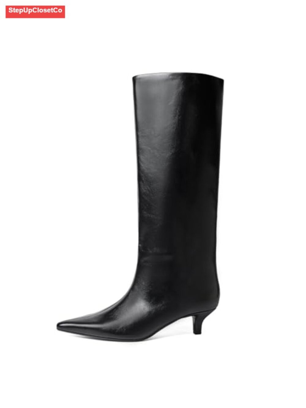 Kitten Heel Knee High Boots Pointed Toe Pull On Faux Leather Tall Boots